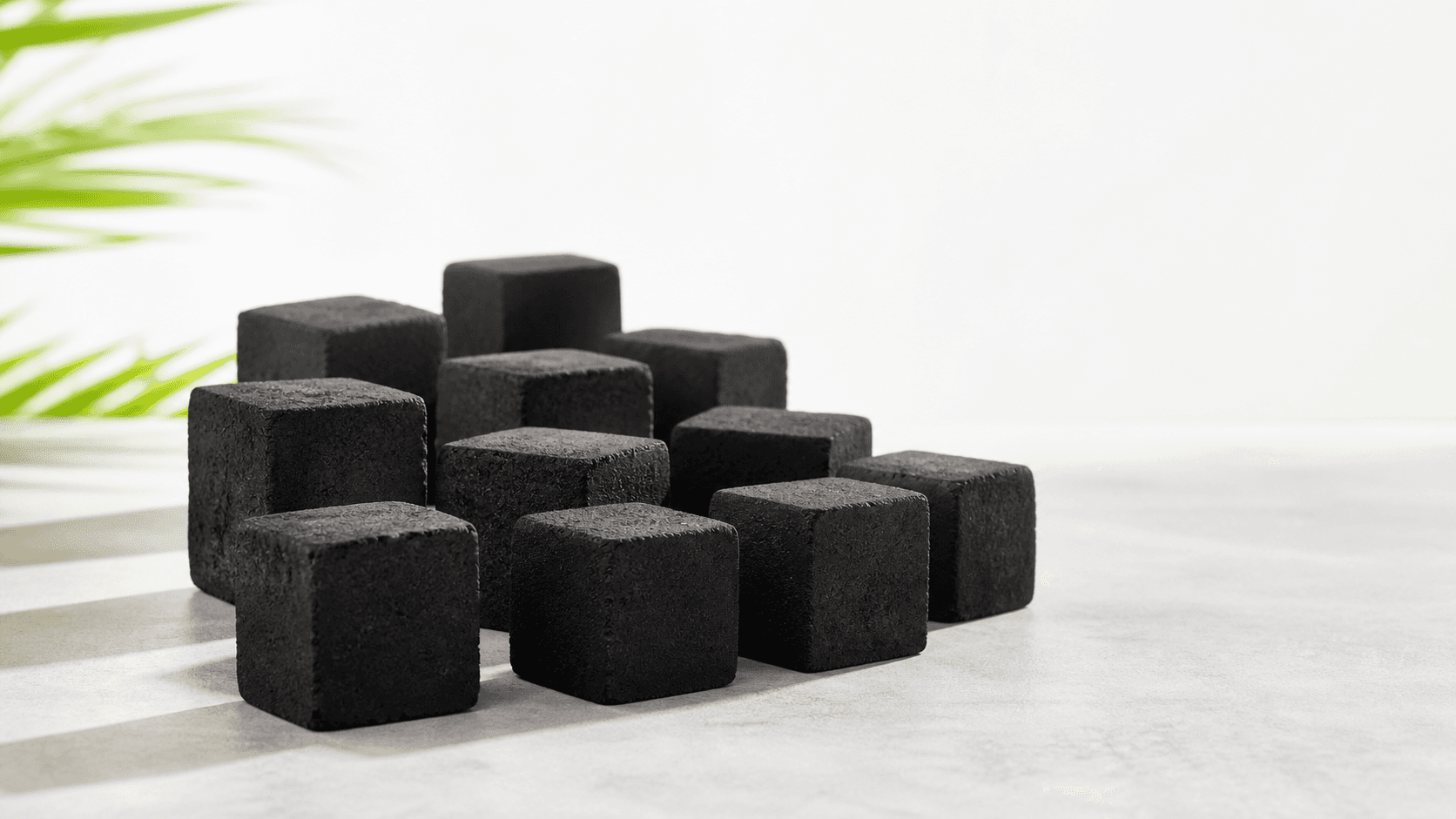 Uniform black cube-shaped coconut-shell briquettes on a bright surface.