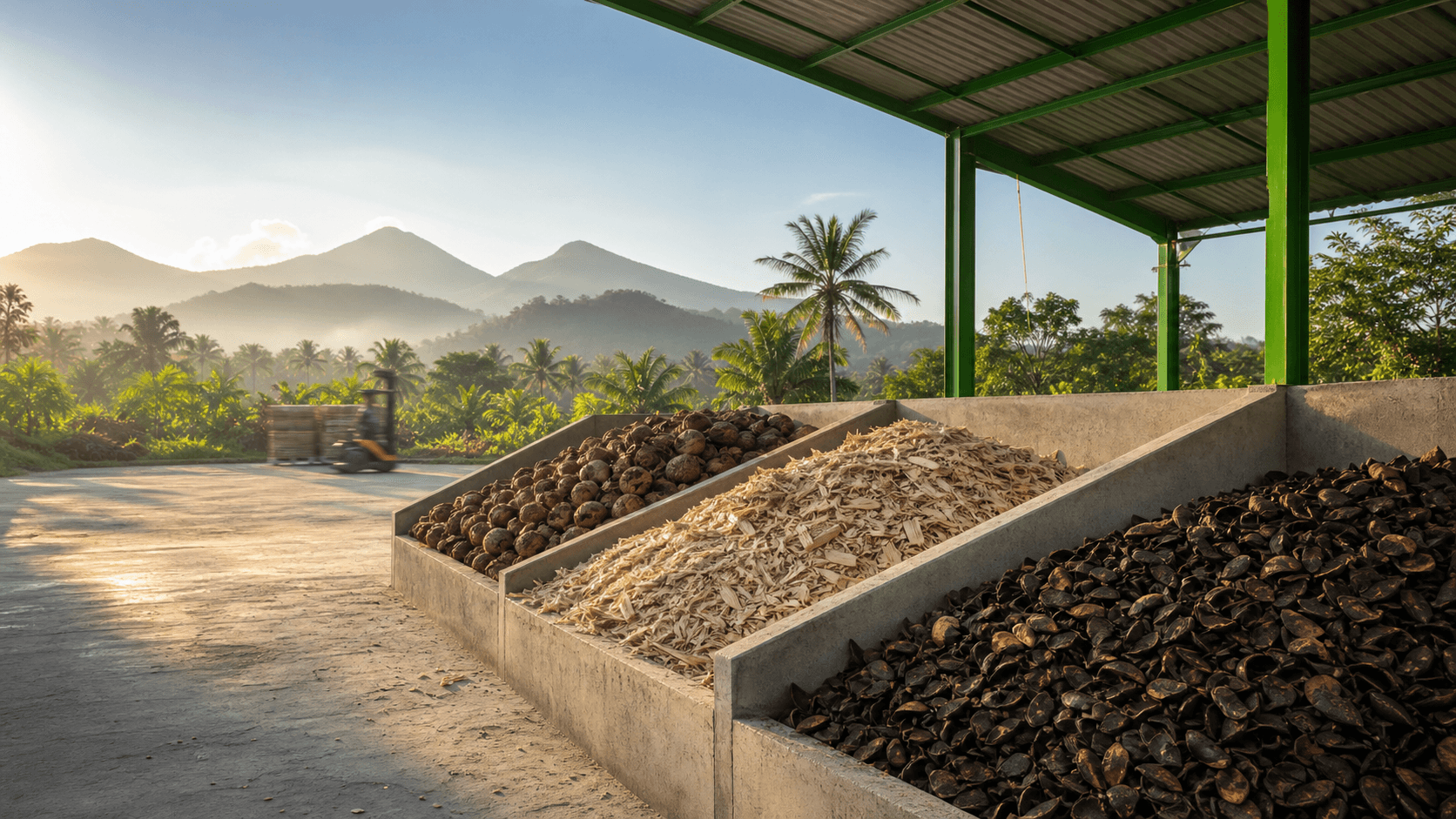 Coconut shell, wood-processing material, and palm kernel shell arranged in an Indonesian biomass setting.