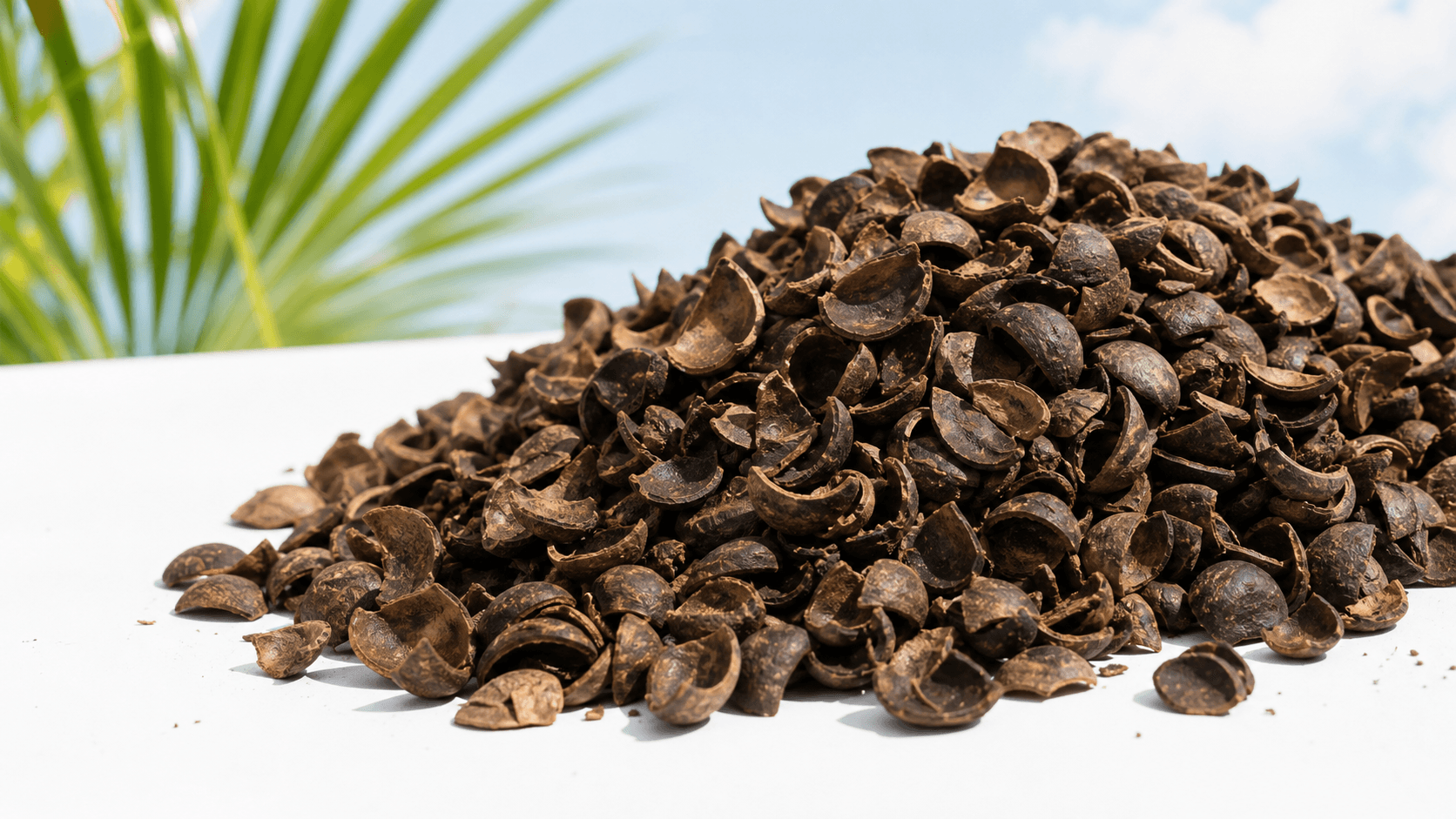 A mound of natural brown palm kernel shells on a bright surface.